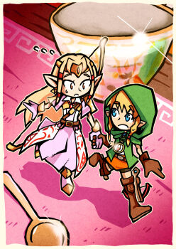 2girls aqua_eyes blonde_hair boots bow_(weapon) brown_boots brown_eyes circlet commentary compass crossbow cup dress english_commentary eyelashes flying_sweatdrops glint gloves green_jacket holding_hands hood hood_up hooded_jacket hyrule_warriors jacket linkle long_hair mini_person minigirl multiple_girls nintendo open_mouth outline pointy_ears princess_zelda setz sidelocks spoon the_legend_of_zelda the_legend_of_zelda:_the_minish_cap weapon white_dress white_gloves white_outline