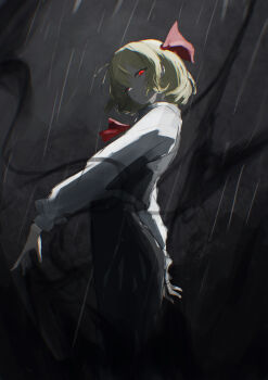 1girl absurdres ascot black_skirt black_vest blonde_hair commentary darkness expressionless from_side glowing glowing_eyes hair_ribbon highres long_sleeves looking_at_viewer medium_hair rain red_ascot red_eyes ribbon rumia shirt skirt solo touhou umbrella3650 vest white_shirt
