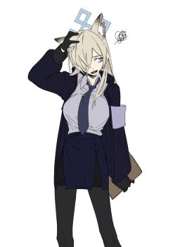 1girl absurdres animal_ear_fluff animal_ears armband black_gloves black_pantyhose blonde_hair blue_archive blue_armband blue_eyes blue_necktie blue_skirt breasts clipboard collared_shirt gloves grey_shirt hair_over_one_eye hand_on_own_head highres holding holding_clipboard jacket kanna_(blue_archive) large_breasts long_hair necktie notched_ear open_mouth pantyhose sharp_teeth shirt simple_background skirt solo squiggle teeth umashio_potechi-san white_background