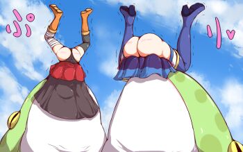 age_difference amphibian aqua_(konosuba) ass ass_blush bad_tag bandaged_leg bandages black_panties blue_skirt blush boots cape cloud day dress eating ekitaiidou frog giant_frog highres huge_ass humiliation kadokawa kadokawa_shoten kono_subarashii_sekai_ni_shukufuku_wo! loli lower_body magician megumin no_panties panties red_skirt skirt struggling studio_deen underwear upside-down upskirt wizard