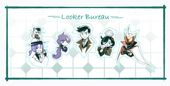 2girls 3boys anabel_(pokemon) black_ribbon blaziken_mask blue_hair border bright_pupils cape closed_mouth clothed_pokemon collared_shirt emma_(pokemon) espurr gen_1_pokemon gen_6_pokemon hair_ribbon hat helmet highres holding holding_unworn_helmet jacket james_(pokemon) jcstr looker_(pokemon) looking_at_viewer meowth mixed-language_commentary multiple_boys multiple_girls necktie nintendo on_head pokemon pokemon_(anime) pokemon_(creature) pokemon_legends:_z-a pokemon_on_head pokemon_xy_(anime) ponytail purple_hair ribbon ring_hair_ornament shirt short_ponytail smile unworn_headwear unworn_helmet white_border