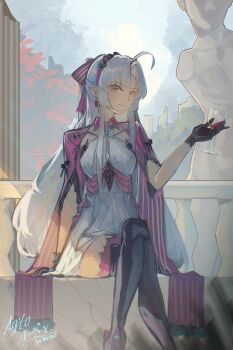 1girl absurdres agito_(agitoishere) ahoge aqua_eyes black_gloves bow breasts carlotta_(wuthering_waves) check_commentary closed_mouth commentary_request crossed_legs cup dress drinking_glass earrings gloves hair_bow highres holding holding_cup jacket jewelry long_hair looking_at_viewer medium_breasts pink_bow pink_jacket signature sitting solo striped_bow white_dress white_hair wuthering_waves