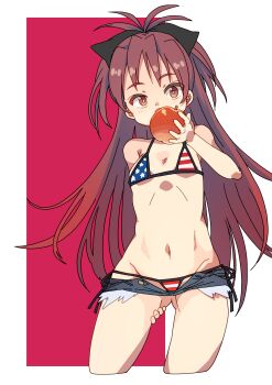 1girl absurdres apple breasts denim denim_shorts eating food fruit gluteal_fold highres holding holding_food holding_fruit inagata loli long_hair mahou_shoujo_madoka_magica mahou_shoujo_madoka_magica_(anime) micro_shorts navel sakura_kyoko shorts small_breasts solo stomach thighs