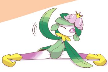 1girl arm_up colored_sclera colored_skin crepix crown female_focus flat_chest flower green_hair green_leotard hair_flower hair_ornament hisuian_lilligant leaning_to_the_side legs leotard mini_crown monster_girl motion_lines multicolored_skin nintendo no_mouth one_eye_closed plant_girl pokemon pokemon_(creature) purple_flower purple_sclera purple_skin shoes short_hair side_sitting_split sidelocks simple_background solo spread_legs stretching thighs two-tone_skin white_background white_eyes white_skin yellow_crown yellow_shoes