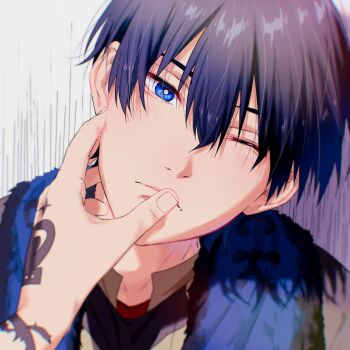 2boys bl_111252 black_hair blue_eyes blue_lock closed_mouth finger_to_another&#039;s_mouth hand_tattoo highres isagi_yoichi looking_at_viewer male_focus michael_kaiser multiple_boys one_eye_closed simple_background solo_leveling tattoo towel towel_around_neck yaoi