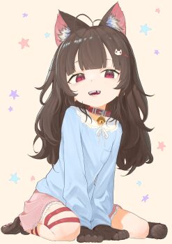 1girl absurdres alternate_color animal_ears animal_hands bell belt_collar blue_shirt brown_hair cat_ears cat_girl child collar commentary fallenshadow gloves highres indie_virtual_youtuber jingle_bell long_hair miniskirt mirumiruchan missing_tooth neck_bell paw_gloves paw_shoes pink_skirt red_collar red_eyes seiza shirt simple_background sitting skirt slit_pupils star_(symbol) star_symbol_background tooth_gap virtual_youtuber wavy_hair