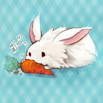 animal_focus blue_background carrot commentary_request eating gingham_background gobaku_no_hito lowres lunatic_(ragnarok_online) no_humans rabbit ragnarok_masters ragnarok_online red_eyes solo