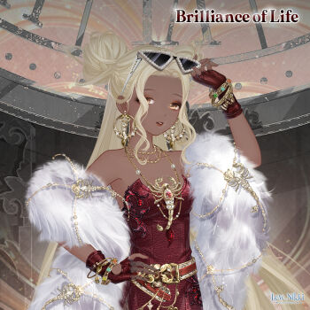 1girl adjusting_eyewear artist_request bare_shoulders beads blonde_hair bracelet clock cocktail_dress commentary copyright_name cowboy_shot dark-skinned_female dark_skin double_bun dress earrings english_commentary english_text expressionless eyelashes eyeshadow eyewear_on_head fingerless_gloves forehead formal_clothes fur_shawl gloves gold_bracelet gold_earrings gold_necklace hair_bun hand_on_eyewear hand_on_own_hip hoop_earrings indoors jewelry lipstick logo long_hair looking_at_viewer makeup miracle_nikki multiple_bracelets necklace nikki_(series) official_art parted_lips red_dress red_eyeshadow red_gloves red_lips scorpion second-party_source shawl solo strapless strapless_dress sunglasses teeth triangular_eyewear very_long_hair white-framed_eyewear white_shawl yellow_eyes