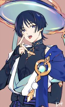 Rule 34 | 1boy, arm behind back, artist name, belt, black belt, black shirt, black shorts, blue gemstone, blue hat, blunt ends, bow, brown background, gem, genshin impact, gold, hand up, hat, highres, japanese clothes, jewelry, jingasa, korean commentary, looking at viewer, male focus, mandarin collar, necklace, open clothes, open mouth, open vest, pom pom (clothes), purple belt, purple eyes, purple hair, scaramouche (genshin impact), shirt, short hair, short sleeves, shorts, simple background, sleeveless, sleeveless shirt, solo, teeth, to dot , tongue, tongue out, upper body, vest, vision (genshin impact), wanderer (genshin impact)