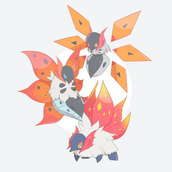 +_+ blue_eyes bug commentary_request gen_5_pokemon highres insect iron_moth moth nintendo no_humans orange_eyes pokemon pokemon_(creature) shiramizore_(rate1026) simple_background slither_wing volcarona white_background white_fur