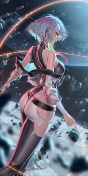 1girl ass bare_shoulders black_leotard breasts commentary cyberpunk:_edgerunners cyberpunk_(series) earth_(planet) from_behind green_eyes green_hair highres huge_ass leotard liang_xing looking_at_viewer lucy_(cyberpunk) medium_breasts medium_hair moon multicolored_hair narrow_waist off_shoulder parted_lips pink_hair planet rock see-through_clothes short_hair_with_long_locks solo string white_hair wire