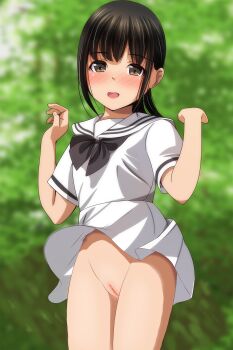 1girl :d absurdres black_hair black_neckwear blurry blurry_background blush brown_eyes cleft_of_venus day depth_of_field dress hands_up highres loli long_hair looking_at_viewer matsunaga_kouyou no_panties nose_blush nude_filter open_mouth original outdoors pussy sailor_collar sailor_dress school_uniform short_sleeves skirt smile solo teeth third-party_edit uncensored upper_teeth_only upskirt white_dress white_sailor_collar wind wind_lift