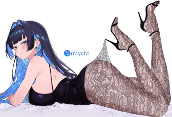 1girl black_dress black_pantyhose blue_eyes blue_hair breasts colored_inner_hair dress high_heels highres hololive hololive_english hooked_on_heel lace_pantyhose lace_pantyhose_hooked_on_heel_(meme) large_breasts long_hair looking_at_viewer lying meme miychi multicolored_hair on_stomach ouro_kronii pantyhose parted_lips simple_background solo twitter_username white_background