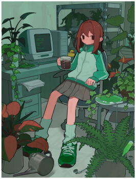 1girl beaker black_eyes brown_hair cd_case cd_player cd_walkman chair closed_mouth coffee computer cup desk expressionless green_jacket green_shoes green_socks grey_skirt hashtag-only_commentary highres holding holding_beaker holding_cup jacket long_hair long_sleeves looking_at_viewer monitor original paper plant pleated_skirt potted_plant rubber_duck s1ho_(ukiy0u0) shoes sitting skirt sneakers socks solo track_jacket watering_can