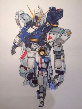 1980s_(style) 1boy amuro_ray ankle_holster bazooka_(gundam) boots brown_hair char&#039;s_counterattack gradient_background gundam helmet holding holding_unworn_helmet machinery marker_(medium) mecha mecha_pilot_suit mobile_suit normal_suit_(gundam) nu_gundam oldschool retro_artstyle robot scan science_fiction steven_(sz0097) traditional_media unworn_headwear unworn_helmet v-fin walking walking_towards_viewer