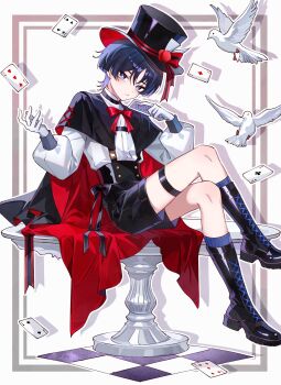 Rule 34 | 1boy, ace (playing card), ace of clubs, ace of diamonds, alternate costume, black bow, black cape, black choker, black hair, black hat, black shorts, blue socks, blunt ends, boots, border, bow, bowtie, bright pupils, cape, card, checkered floor, chest harness, choker, closed mouth, club (shape), colored tips, contemporary, crossed legs, diamond (shape), drop shadow, eyeliner, eyeshadow, formal clothes, full body, genshin impact, gloves, grey border, grey eyes, hands up, harness, hat, hat bow, highres, holding, holding card, knee boots, kneehighs, kuro774 n, lace-up boots, long sleeves, makeup, male focus, mandarin collar, multicolored hair, on table, open hand, playing card, puffy sleeves, purple hair, red bow, red bowtie, red cape, red eyeliner, red eyeshadow, ribbed socks, round table, scaramouche (genshin impact), shirt, shorts, sitting, socks, solo, streaked hair, striped bow, table, thigh strap, top hat, tsurime, two-sided cape, two-sided fabric, underbust, undershirt, white background, white gloves, white pupils, white shirt, white sleeves