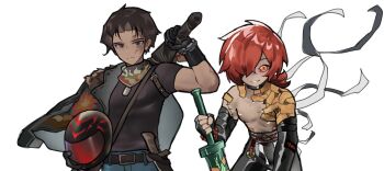 2boys black_eyes black_gloves black_hair black_jacket black_neckerchief black_pants black_shirt blue_pants burn_scar chuanying_(xinyue_tongxing) dark-skinned_male dark_skin gloves grin helmet holding holding_sword holding_unworn_helmet holding_weapon j_(reverse:1999) jacket jacket_on_shoulders jiakong_baiyin leather leather_jacket looking_at_viewer low_ponytail male_focus motorcycle_helmet multiple_boys neckerchief ofuda pants ponytail red_eyes red_hair reverse:1999 scar scar_on_face shirt short_hair short_ponytail short_sleeves smile sword t-shirt topless_male unworn_headwear unworn_helmet upper_body weapon weapon_on_back white_background xinyue_tongxing