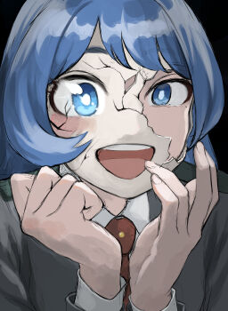 1girl absurdres blazer blue_eyes blue_hair boku_no_hero_academia broken_mask close-up collared_shirt cracked_kawaii_mask cracked_mask fengling_(furin-jp) grey_jacket hado_nejire highres jacket long_hair looking_at_viewer mask necktie portrait red_necktie school_uniform shirt solo u.a._school_uniform white_shirt