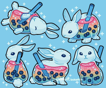 5others animal animal_focus blue_background blue_eyes blue_light bubble_tea closed_eyes constellation creature creature_focus drink drinking_straw ears_down ears_up emily_kim from_behind liquid looking_at_another looking_at_viewer looking_back lying multiple_others no_humans on_side original rabbit rainbow_gradient see-through_clothes sitting sparkle standing transparent_animal white_fur