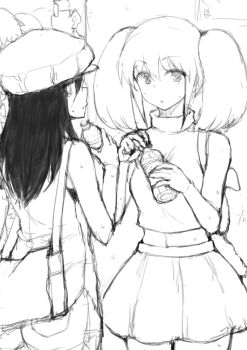 2girls backpack bag bare_shoulders bottle commentary cowboy_shot greyscale hat holding holding_bottle kuroki_tomoko looking_at_viewer medium_hair midriff miniskirt monochrome multiple_girls nemoto_hina shoulder_bag sketch skirt sweat turtleneck twintails watashi_ga_motenai_no_wa_dou_kangaetemo_omaera_ga_warui! water_bottle zan_shin