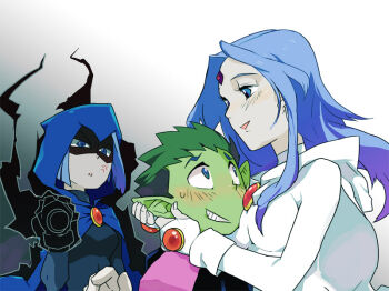 1boy 1girl 2girls anger_vein animification beast_boy_(dc) bindi blush breast_press cape cartoon_network colored_skin couple dc_comics dual_persona forehead_jewel gloves green_skin hetero hug jealous jewelry long_hair magic motohashi_mari multiple_girls multiple_persona pale_skin raven_(dc) short_hair teen_titans time_paradox