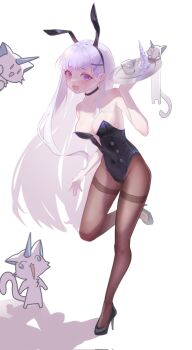 1girl animal_ear_hairband animal_ears arm_at_side arnyang_(ayatsuno_yuni) ayatsuno_yuni black_choker black_hairband black_hiphighs black_leotard black_shoes breasts choker covered_navel creature fake_animal_ears full_body glass grey_hair hair_ornament hairband hand_up high_heels highres hiphighs holding holding_tray karyou_dayo leg_up leotard long_hair medium_breasts open_mouth purple_eyes rabbit_ear_hairband rabbit_ears shoes solo standing standing_on_one_leg stellive straight_hair strapless strapless_leotard sweat thighband_hiphighs tray variant_set very_long_hair virtual_youtuber x_hair_ornament