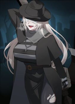 Rule 34 | 1girl, arm up, axe, bandaged arm, bandages, bandages over eyes, belt, black hat, blood, bloodborne, breasts, cloak, commentary request, covered eyes, father gascoigne, genderswap, genderswap (mtf), hat, highres, idzuki kenkyu-in, jewelry, large breasts, long coat, long hair, lower teeth only, necklace, open mouth, pantyhose, smile, steaming body, teeth, tongue, torn clothes, torn pantyhose, white hair