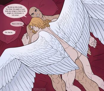 2boys angel angel_wings bald bara bed bed_sheet bedding black_legion_(warhammer_40k) blonde_hair blood_angels blue_eyes closed_eyes commentary commentary_request completely_nude cuddling curly_hair english_commentary english_text entangled feathered_wings feathers from_above grey_eyes hand_on_another&#039;s_arm hatching_(texture) head_on_another&#039;s_shoulder head_on_pillow highres horus_lupercal implied_after_sex indoors long_hair lying lying_on_person male_focus multiple_boys muscular muscular_male natalia_kikicheva nude on_back on_bed on_stomach pillow primarch red_pillow red_sheet sanguinius scar scar_on_face scar_on_leg scar_on_shoulder speech_bubble spine spread_wings straight_hair teeth testicles thick_eyebrows uncensored vk_username warhammer_40k watermark web_address white_feathers white_wings wings yaoi