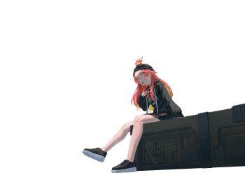 1girl absurdres arm_support beanie black_hat black_hoodie black_shoes blonde_hair cigarette clothes_writing commentary_request drawstring fire full_body hat highres hikasa_tomoshika hood hoodie long_hair long_sleeves looking_at_viewer oxygenvil red_hair shoes sitting sneakers solo thighs voms yellow_eyes