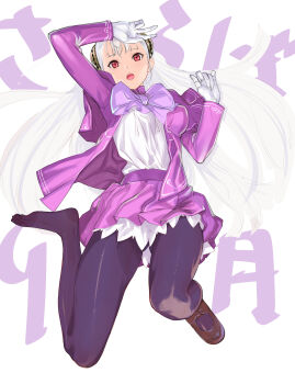 1girl absurdres albino alternate_costume black_pantyhose capcom_fighting_jam capelet commentary_request full_body gloves gluteal_fold hairpods highres ingrid_(capcom) jacket loafers open_mouth pantyhose pink_capelet pink_jacket pink_skirt project_x_zone_2 red_eyes shirt shoes single_shoe skirt solo teeth tetsu_(kimuchi) toes upper_teeth_only white_gloves white_hair white_shirt
