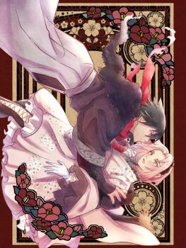 Rule 34 | 1boy, 1girl, arm ribbon, black hair, black hairband, boots, cherry blossoms, closed mouth, commentary request, couple, feet out of frame, floral print, floral print kimono, gloves, green eyes, hair between eyes, hairband, hakama, haruno sakura, hetero, highres, japanese clothes, kimono, lace-up boots, looking at another, medium hair, naruto (series), naruto shippuuden, parted bangs, parted lips, pink hair, pink kimono, print kimono, red ribbon, ribbon, sayaendou0426, short hair, spiked hair, uchiha sasuke, white gloves, white hakama