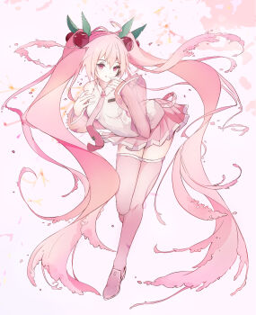 1girl absurdres bare_shoulders blush boots breasts cherry_blossom_print cherry_hair_ornament closed_mouth collared_shirt commentary detached_sleeves floral_print food-themed_hair_ornament full_body hair_between_eyes hair_ornament hatsune_miku headset highres leaning_forward long_hair long_sleeves looking_at_viewer medium_breasts miniskirt necktie pink_boots pink_eyes pink_hair pink_necktie pink_skirt pink_sleeves pleated_skirt sakura_miku see-through_clothes see-through_sleeves shirt skirt sleeveless sleeveless_shirt smile solo thick_thighs thigh_boots thighhighs thighs toto_tony twintails very_long_hair vocaloid wide_sleeves zettai_ryouiki