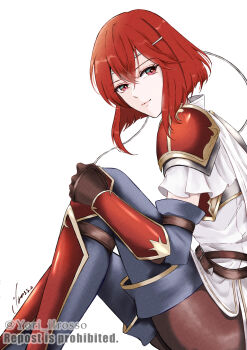 1girl armor black_pantyhose bob_cut boots breasts brown_gloves closed_mouth commentary_request crossed_bangs double-parted_bangs dress english_text fire_emblem fire_emblem:_mystery_of_the_emblem fire_emblem:_shadow_dragon fire_emblem_heroes from_side gloves hair_between_eyes headband highres looking_at_viewer minerva_(above_the_stars)_(fire_emblem) minerva_(fire_emblem) nintendo official_alternate_costume pantyhose pauldrons red_armor red_eyes red_hair short_hair short_sleeves shoulder_armor signature simple_background sitting smile solo thighhighs twitter_username watermark white_background white_dress yori_ilrosso