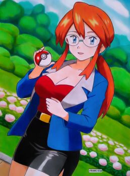1girl belt blue_eyes blue_sky branch breasts bush cleavage cloud francisc0_arts glasses grass jacket large_breasts long_hair long_sleeves lorelei_(pokemon) nintendo open_clothes open_jacket pokemon pokemon_(anime) pokemon_(classic_anime) pokemon_sm ponytail red_hair skirt sky