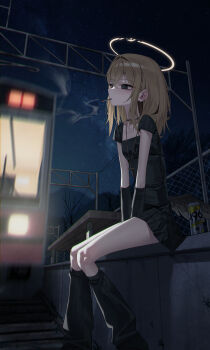 1girl absurdres ashal_(mansu) black_eyes black_leg_warmers black_shirt brown_hair commentary_request fence hair_between_eyes halo highres imminent_death leg_warmers mansu_(mansu113355) medium_hair night original outdoors shirt short_sleeves smoke smoking solo strong_zero suicide thighhighs train train_station