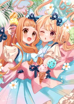 2girls :d blonde_hair blue_bow blue_dress blush bow brown_eyes brown_hair commentary_request dress floating_hair food futaba_anzu hair_bow highres holding holding_food ice_cream ice_cream_cone ichihara_nina idolmaster idolmaster_cinderella_girls idolmaster_cinderella_girls_starlight_stage long_hair low_twintails multiple_girls multiple_scoops one_eye_closed open_mouth parted_lips pleated_dress red_eyes rino_cnc short_sleeves smile twintails unmoving_pattern very_long_hair