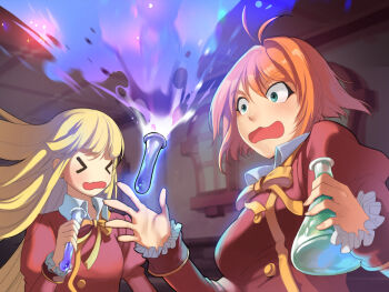 Rule 34 | > <, 2girls, blonde hair, blunt bangs, blush, braid, breasts, buttons, caesty, classroom, closed eyes, collared shirt, commentary, dated commentary, english commentary, erlenmeyer flask, flask, frilled sleeves, frills, gold buttons, green eyes, hair between eyes, holding, holding flask, holding test tube, indoors, jacket, juliet sleeves, light particles, long hair, long sleeves, medium breasts, medium hair, mila nebraska, multiple girls, nenyaffle, nenyaffle school uniform, nexon, no nose, nose, official alternate costume, official art, open mouth, orange hair, puffy sleeves, red jacket, red sleeves, ribbon, school uniform, shirt, single braid, sleeve cuffs, straight hair, sunlight, surprised, tales weaver, test tube, tichiel juspian, undershirt, upper body, white shirt, window, wing collar, yellow ribbon