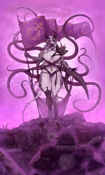absurdres adeptus_astartes armor banner battle_standard bikini blank_eyes braid clamps corpse daemon_(warhammer) demon_horns extra_breasts fangs from_behind highres holding_banner hooves horns knee_pads long_braid long_hair long_tongue multiple_arm_straps noizen open_mouth pile_of_corpses power_armor purple_background purple_scales scales shoulder_armor slaanesh_(symbol) swimsuit tail tattoo tentacles thighhighs tongue twin_braids walking war_banner warhammer_40k white_eyes