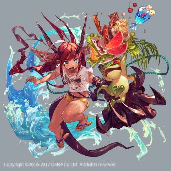 1girl 2016 2017 asymmetrical_arms blue_eyes braid breasts cherry claws dice fangs feet food frog fruit full_body glass grey_background horns lettuce long_hair noire_(othellonia) open_mouth original plate red_hair rice sandals sausage shorts small_breasts smile so-taro squid tail teeth upper_teeth_only waves wet wet_clothes wings