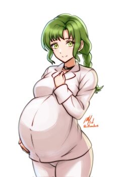 1girl alternate_breast_size_(larger) black_choker braid breasts choker commentary covered_navel cross cross_necklace english_commentary fire_emblem fire_emblem:_the_sacred_stones green_eyes green_hair hand_on_own_chest hand_on_own_stomach highres jewelry medium_breasts medium_hair necklace nintendo pajamas pants pregnant rotomdocs shirt smile vanessa_(fire_emblem) white_background white_pants