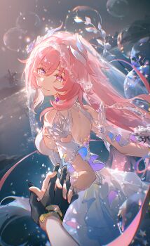 2girls absurdres back backless_dress backless_outfit black_gloves breasts bridal_veil bubble chinese_commentary commentary_request cyrene_(honkai:_star_rail) cyrene_(ripples_of_past_reverie)_(honkai:_star_rail) diamond-shaped_pupils diamond_(shape) dress female_pov gloves highres honkai:_star_rail honkai_(series) interlocked_fingers long_hair luochun_ring medium_breasts multiple_girls pink_hair pov pov_hands purple_eyes smile stelle_(honkai:_star_rail) symbol-shaped_pupils trailblazer_(honkai:_star_rail) veil very_long_hair white_dress