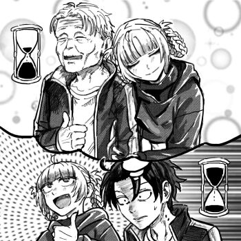 1boy 1girl age_progression ahoge arm_hug bite_mark bite_mark_on_neck blunt_bangs braid braided_hair_rings clenched_teeth closed_eyes closed_mouth emphasis_lines fang greyscale hair_between_eyes hair_rings head_on_another's_shoulder hood hoodie hourglass imagining jacket leaning_on_person long_sleeves monochrome nanakusa_nazuna_(yofukashi_no_uta) old old_man open_clothes open_jacket open_mouth reiquant sanpaku shirt short_hair sidelocks small_sweatdrop smile speech_bubble teeth thought_bubble thumbs_up track_jacket wrinkled_skin yamori_kou yofukashi_no_uta