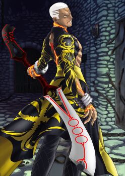 Rule 34 | 1boy, arm at side, bangle, black cape, black jacket, black pants, bracelet, buzz cut, cape, chain, cropped jacket, cuffs, dark-skinned male, dark skin, double blade, emiya alter, fate/grand order, fate (series), feet out of frame, from behind, glowing scar, holding, holding sword, holding weapon, jacket, jewelry, kanshou &amp; bakuya (fate), legs apart, long sleeves, looking at viewer, looking back, lower teeth only, male focus, multiple scars, no shirt, official alternate skin color, official art, open mouth, outstretched arm, pants, roman numeral, sasaki shounen, scar, scar on arm, scar on back, scar on neck, second-party edit, shackles, short hair, short sideburns, shouting, solo, standing, sword, teeth, third-party source, toned, toned male, v-shaped eyebrows, variant set, very short hair, waist cape, weapon, yellow eyes