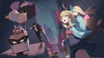 2girls absurdres animal_ears aqua_jacket black_serafuku black_shorts blonde_hair brown_hair cat_ears cat_girl cat_tail genshin_impact green_eyes hair_ornament hairclip highres hoyofair jacket kirara_(cat)_(genshin_impact) kirara_(genshin_impact) long_hair long_sleeves looking_at_viewer multiple_girls multiple_tails neckerchief odd_(hin_yari) open_mouth red_neckerchief red_skirt school_uniform serafuku shorts skirt sweater_jacket tail two_tails
