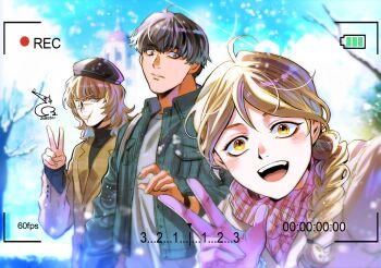 Rule 34 | 1girl, 2boys, absurdres, ahoge, alternate costume, alternate hairstyle, badeni, baehee5502, bare tree, blonde hair, blush, braid, braided ponytail, chi.: chikyuu no undou ni tsuite, closed mouth, coat, commentary request, contemporary, dated, denim, denim jacket, eyepatch, gloves, grey shirt, highres, jacket, jolenta, korean commentary, looking at viewer, medical eyepatch, multiple boys, oczy, open clothes, open jacket, open mouth, purple gloves, recording, scar, scar on face, scar on lip, scar on mouth, scar on nose, scarf, shirt, signature, single braid, smile, snowing, tree, upper body, v, viewfinder, winter clothes, yellow eyes