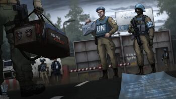 Rule 34 | 6+boys, absurdres, armband, assault rifle, bag, balaclava, barbed wire, beard, beret, black mask, blood, blue armband, blue eyes, blue jacket, blue pants, boots, brown gloves, brown pants, bulletproof vest, chest rig, closed mouth, combat boots, dutch angle, escape from tarkov, facial hair, folder, from below, gaz-2975 tigr, glock, gloves, graffiti, green gloves, green pants, gun, handgun, hands in pockets, hat, highres, holding, holding bag, holding case, holding weapon, holster, jacket, jersey barrier, m4 carbine, multiple boys, open clothes, open jacket, open mouth, outdoors, overcast, pants, patch, peacekeeper (escape from tarkov), rifle, road, shoes, short hair, sky, sweater, thigh holster, tree, turtleneck, turtleneck sweater, united nations, vm flashback, weapon, white sweater