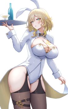 1girl absurdres aglaea_(honkai:_star_rail) alternate_costume animal_ear_hairband animal_ears black_garter_straps black_thighhighs blonde_hair blush bottle bow bowtie breast_tattoo breasts cleavage coattails commentary_request cowboy_shot cup fake_animal_ears flower garter_straps green_eyes hair_flower hair_ornament hairband hand_up highres holding holding_tray honkai:_star_rail honkai_(series) jacket large_breasts leotard long_sleeves looking_at_viewer parted_lips playboy_bunny rabbit_ears signature simple_background solo strapless strapless_leotard tailcoat taro_(peach_taro51) tattoo thighhighs tray white_background white_hairband white_jacket white_leotard