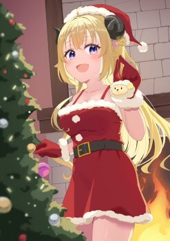 Rule 34 | 1girl, absurdres, alternate costume, animal ears, belt, black belt, christmas tree, dress, fur-trimmed dress, fur-trimmed gloves, fur-trimmed headwear, fur trim, gloves, hat, highres, holding ornament, hololive, horns, indoors, kisasage, long hair, looking at viewer, open mouth, purple eyes, red dress, red hat, santa costume, santa dress, santa hat, sheep ears, sheep girl, sheep horns, smile, solo, tsunomaki watame, virtual youtuber