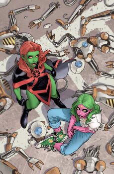 2girls alien black_boots black_cape black_dress black_gloves boots cape colored_sclera colored_skin commentary crossover dc_comics dress english_commentary exposed_internal_machinery forehead_jewel from_above gloves green_hair green_shoes green_skin highres long_hair looking_at_viewer looking_up marvel miss_martian multiple_girls no_pupils orange_hair orange_sclera pink_skin robot shirt shoes sitting sneakers t-shirt vasco_georgiev vivian_vizion yellow_sclera