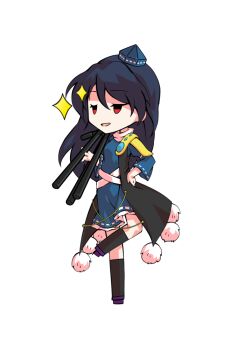 1girl black_socks blue_dress blue_hair blue_shoes chibi chibi_only coat commentary_request dairi dress frilled_dress frills full_body gem geta hat holding holding_tripod iizunamaru_megumu kneehighs large_variant_set long_hair pointy_ears pom_pom_(clothes) purple_shoes red_eyes ribbon_trim shoes shoulder_guard simple_background sleeveless sleeveless_coat socks solo sparkle standing standing_on_one_leg tachi-e tengu tengu-geta tokin_hat touhou transparent_background tripod variant_set